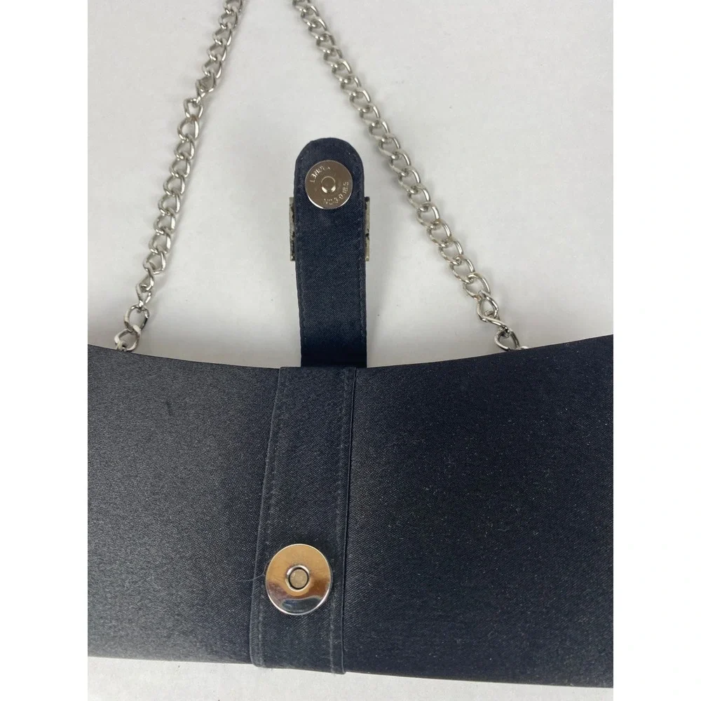 Black Satin Evening Clutch Bag Rhinestone Buckle Silver‎ Chain Strap Formal Bag
